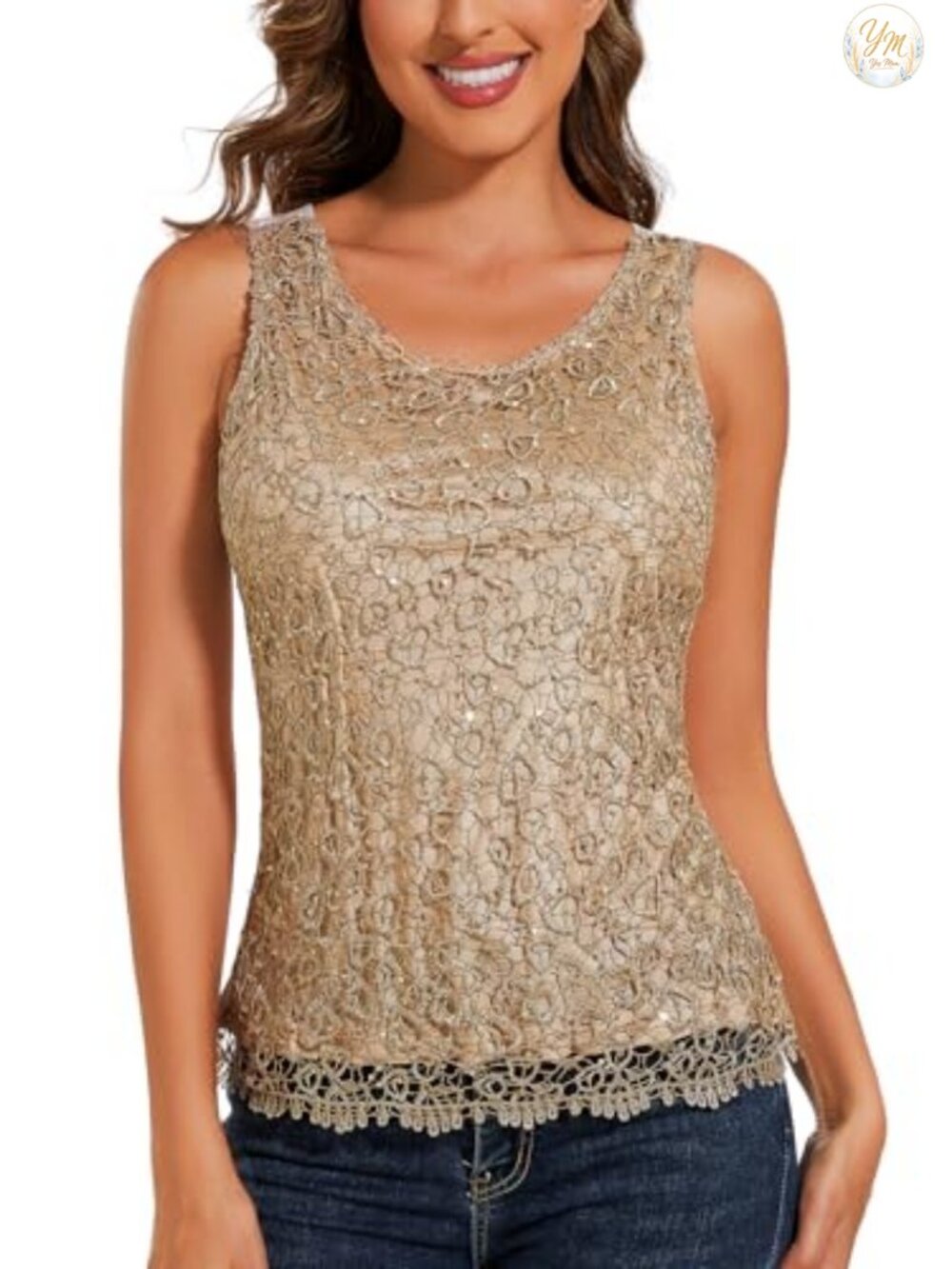 Anna-Kaci Womens Embroidered Lace Sequin Sleeveless Scoop Neck Tank Top